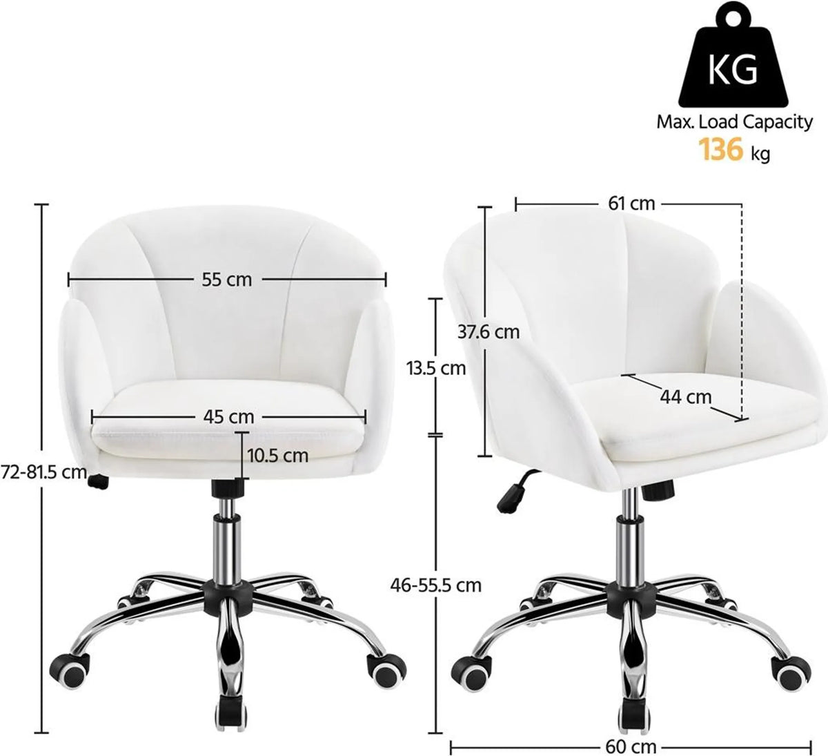 Yaheetech – Stilvoller Bürostuhl mit Blumenmuster, 72–81,5 cm – Schneeweiß – Polyester und Metall