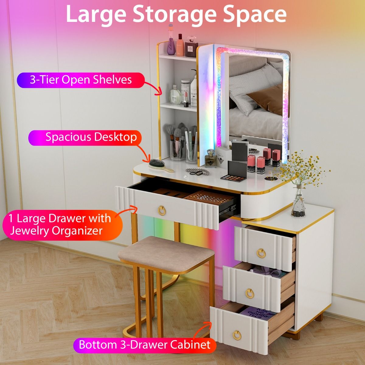 coast Schminktisch-Set mit Spiegel 80×40×137 cm - Weiß - LED mit 7 dynamischen & 7 statischen Modi - Kabellose Ladestation & USB/Type-C - Inklusive Hocker