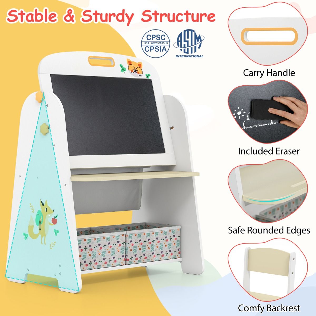 Coast Kindertischset mit Stuhl – 4-in-1-Design – Bücherregal und Stauraum – Natur