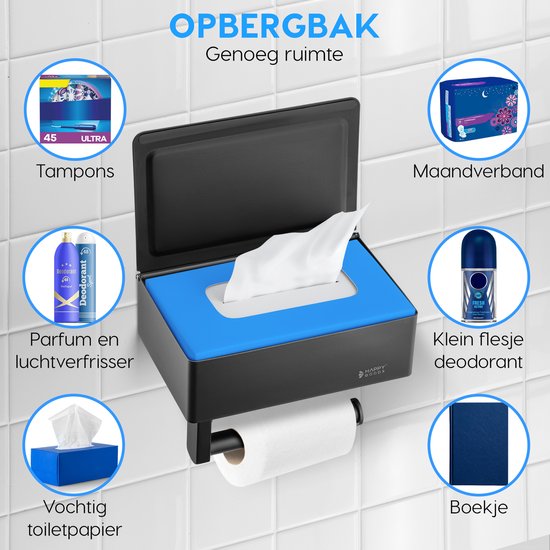 Happy Goods Toilettenpapierhalter mit Ablage und Tablett - Selbstklebend / Bohren - Toilettenpapierhalter Schwarz ohne Bohren - Edelstahl - INCL. Handtuchhaken