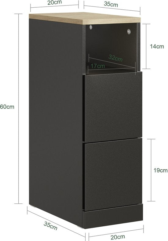 SoBuy Schmaler Nachttisch, schlanker Beistelltisch mit 2 Schubladen und offenem Fach, für Wohnzimmer, Schlafzimmer oder Büro, 20 x 35 x 60 cm, schwarz, FBT149-SCH