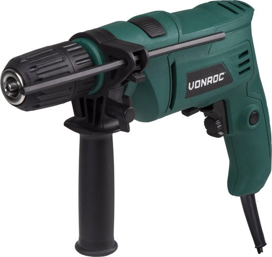 VONROC Schlagbohrmaschine - 500W - Schnellspannfutter - Inkl. Seitengriff, Tiefenanschlag & Aufbewahrungstasche