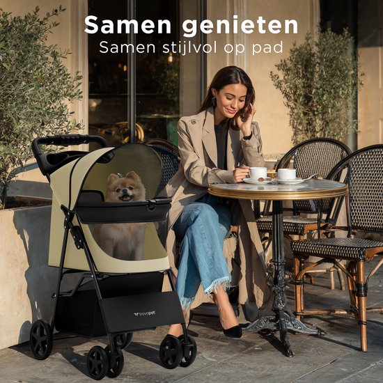 TrevoPet® Zusammenklappbarer Hundekinderwagen - Für kleine und mittelgroße Hunde bis 15 kg - Kinderwagen mit Becherhalterung und großem Aufbewahrungskorb - Beige