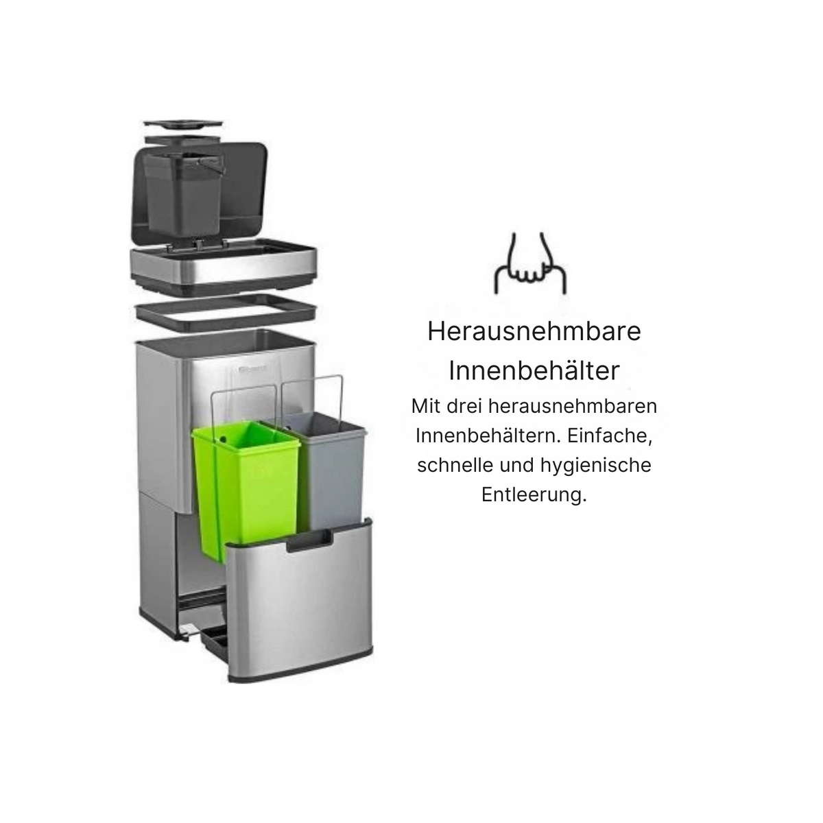 Homra - Mülleimer - 3 Tonnen - 72 Liter (2x12 + 1x48) - mit Infrarotsensor - Edelstahl - Silber