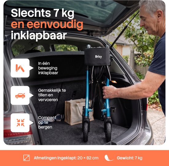 Brixy Rollator – Leicht & zusammenklappbar – 360°-Gummiräder – Sitzfunktion – Für drinnen und draußen – Rückenlehne, Tasche & Gehstockhalter – Blau