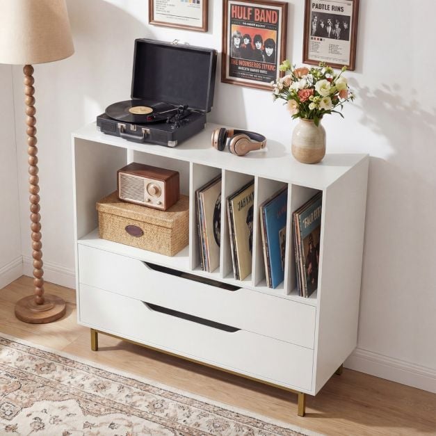Coast Plattenspieler-Möbel Weiß - Retro-Vinylschrank mit 4 Plattenfächern und 2 Schubladen - 91 x 36 x 87 cm