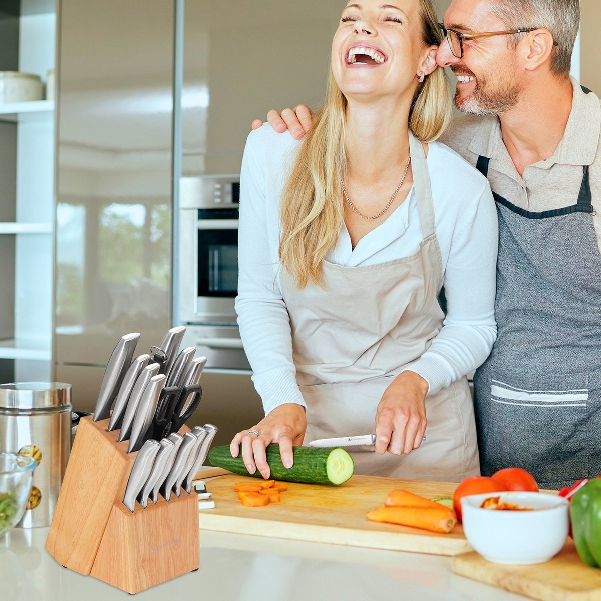 KitchenBrothers Messerset - Messerblock - 16-teilig - mit Schere und Wetzstahl - Rubberwood