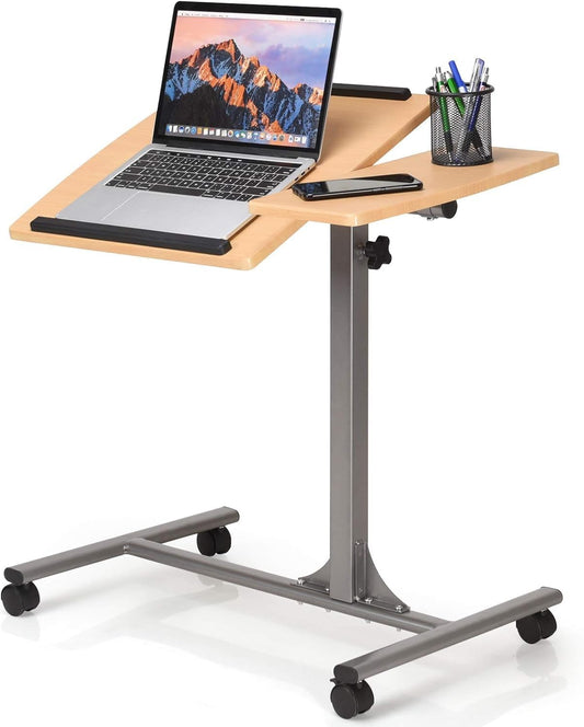 RELAX4LIFE Betttisch für Computer 64 x 45 x 64-95 cm, höhenverstellbar, mit 4 Rollen, kippbare Ablage, natur