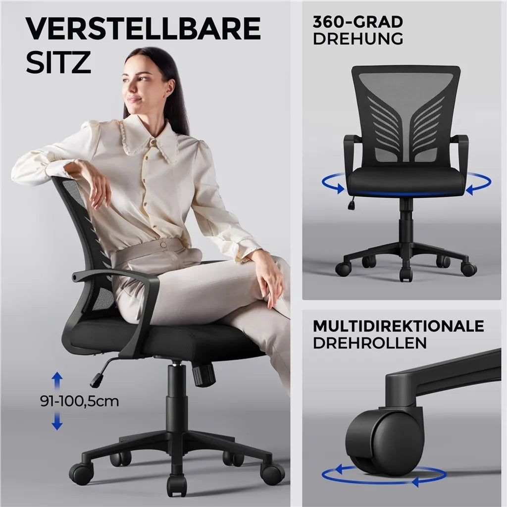Yaheetech Bürostuhl - Ergonomisch - Mit Wippfunktion - Verstellbar - Drehbar - Schwarz