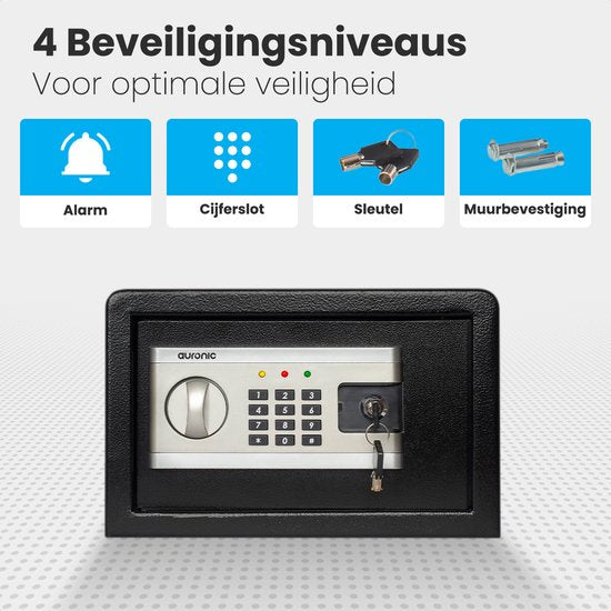 Auronic Electronic Safe - Zahlenschloss - Schlüssel - Wandmontage - 4.3cm Tür - 130dB Alarm - 8L - 31x20x20cm - 4.5KG - Stahl - Schwarz