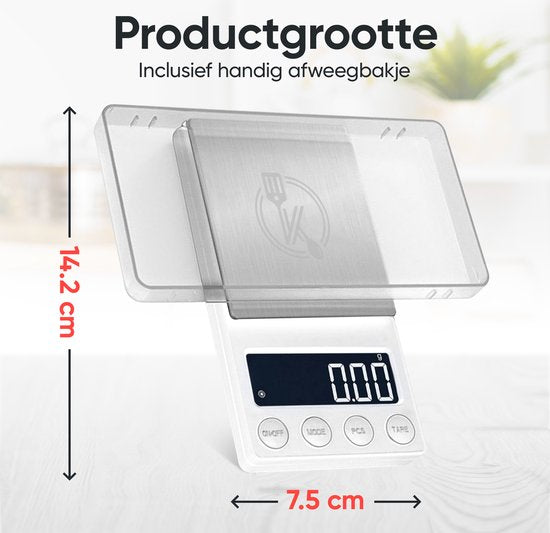 Kitchenwell digitale Mini-Präzisionsküchenwaage weiß - 0,01 bis 200 Gramm - 14,2 x 7,5 cm - batteriebetriebene Taschenwaage - Küchenwaage
