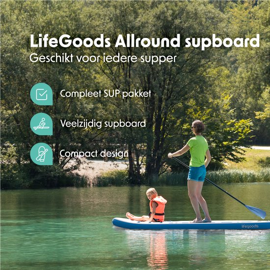 LifeGoods PaddlePro SUP-Board 320 x 81 x 15 cm – Aufblasbar – Komplettset – 150 kg – Weiß/Himmelblau