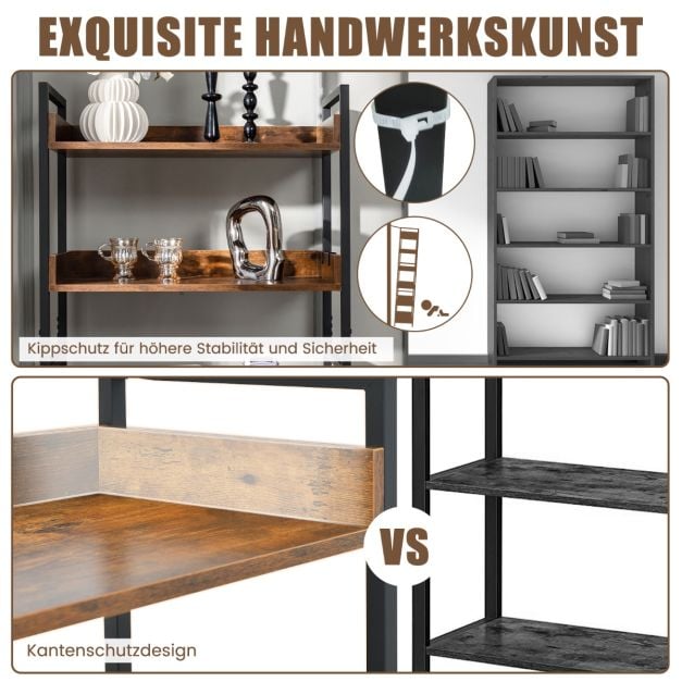 Coast Industrielles Bücherregal mit 6 Einlegeböden und 4 Haken – 69 x 34 x 177 cm – Braun und Schwarz