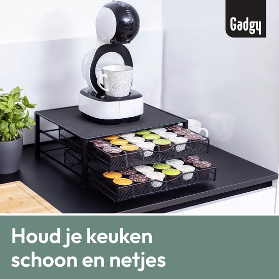 Gadgy Dolce Gusto Kapselhalter mit 2 Schubladen – Kapselhalter mit Schublade – Kaffee-Kapselhalter für 72 Kapseln – Padhalter – Edelstahl – Schwarz – Rutschfest & vibrationsdämpfend
