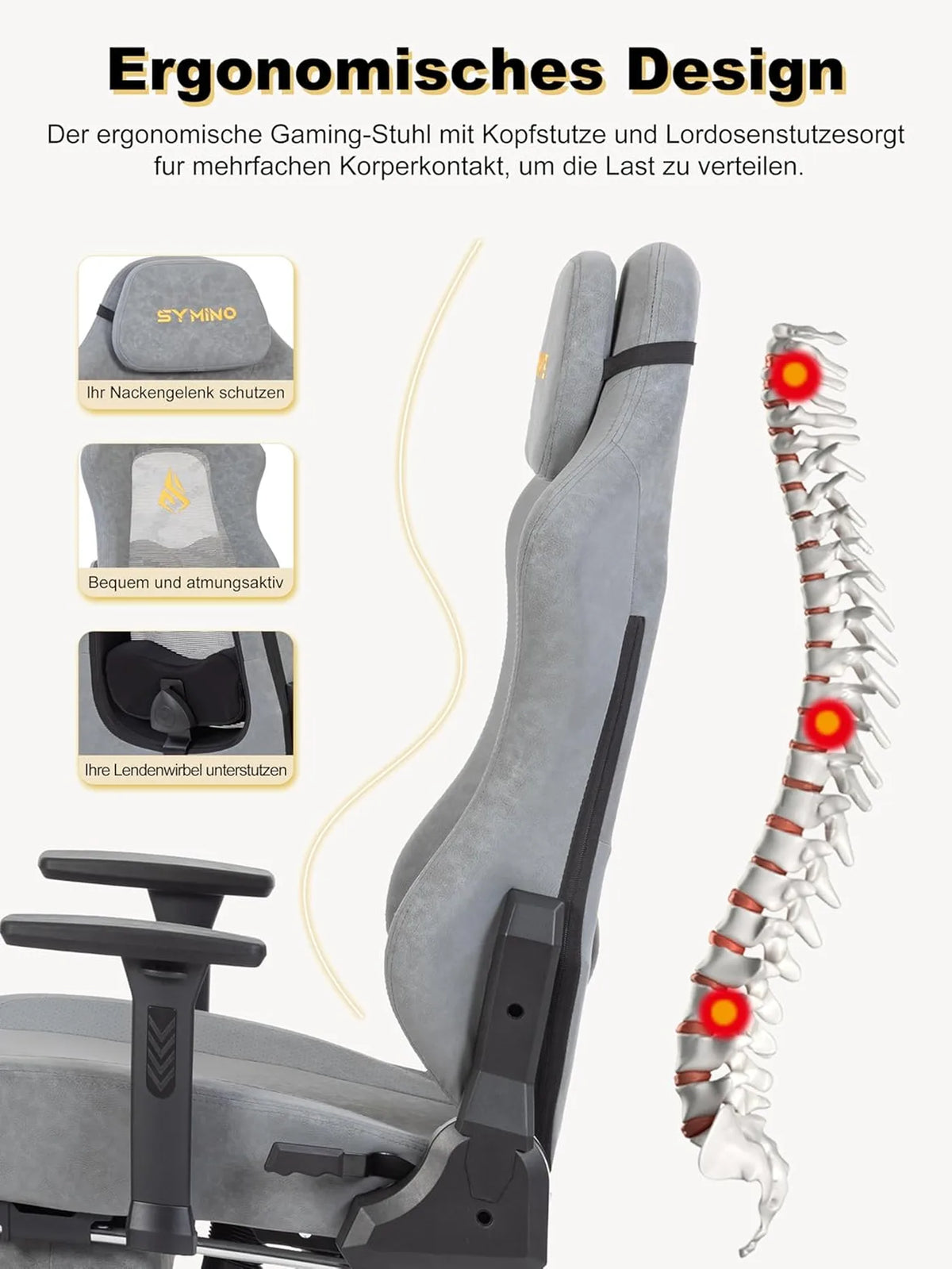 SYMINO Ergonomischer Gaming-Stuhl mit atmungsaktiver Rückenlehne – Vintage-PU-Leder – Grau – Metall und Schaumstoff