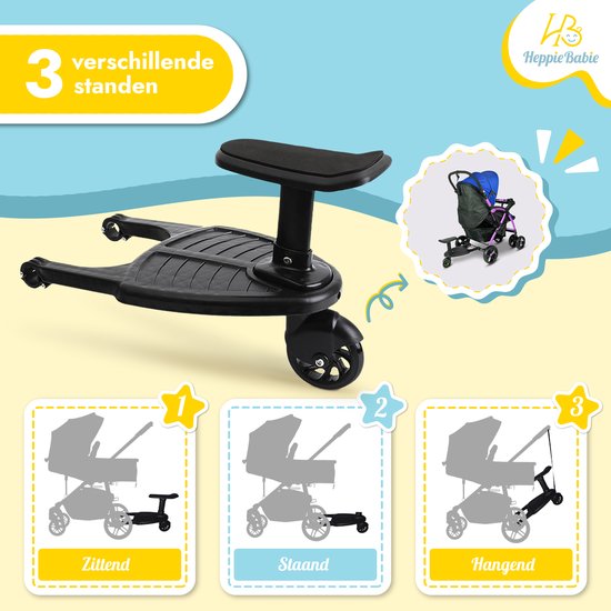 Heppie Babie Mitfahrbrett - Für Kinderwagen oder Buggy - Mit Sitz und Getränkehalter - schwarz