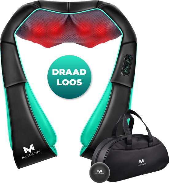 Massagerr® Shiatsu-Massagekissen 2.0 - Kabellos - Nackenmassagegerät - Inkl. Tragetasche und Stressball - Massagegerät für Rücken, Nacken und Schulter - Infrarot-Wärmefunktion - Rückenmassage - Massagegeräte