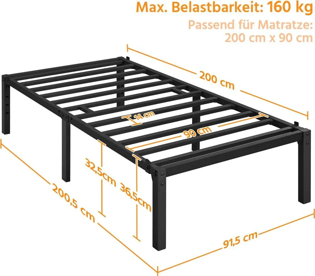 Yaheetech Metallbettgestell - 90x200 cm - Schwarz - Stahl - Lattenrost - Lagerung - Geräuschlos