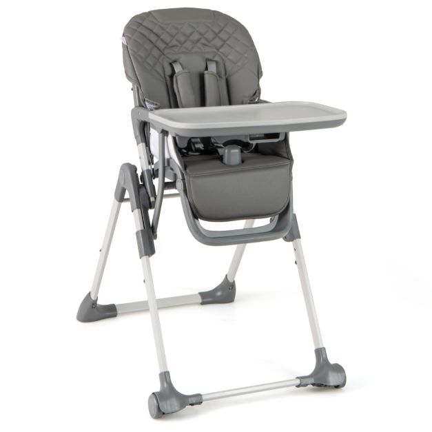 Coast Klappbarer Kinderstuhl mit Liegefunktion – Verstellbarer Baby-Kinderstuhl mit 5-Punkt-Gurt, Rollen und abnehmbarem Tablett – Grau