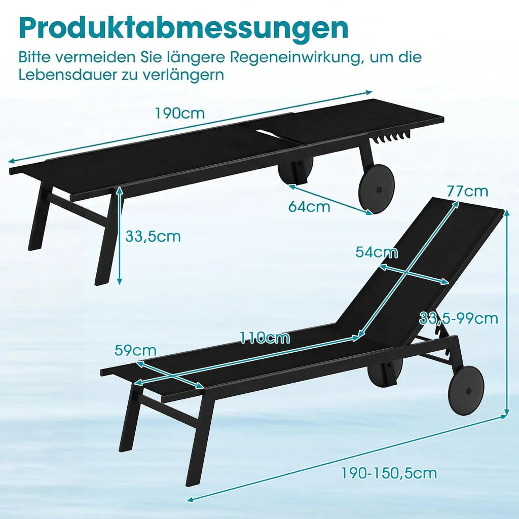 Coast Garden Loungers - Verstellbar - Räder - Schnell trocknend - 190 x 59 x 99 cm - Schwarz