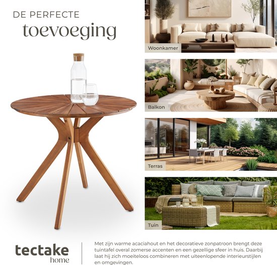 tectake® Runder Gartentisch aus Holz – Ø 70 x 62 cm – Akazienholz – Wetterfest – Außentisch – Bistrotisch – Beistelltisch – Tisch für Balkon und Terrasse – Auch für den Innenbereich geeignet