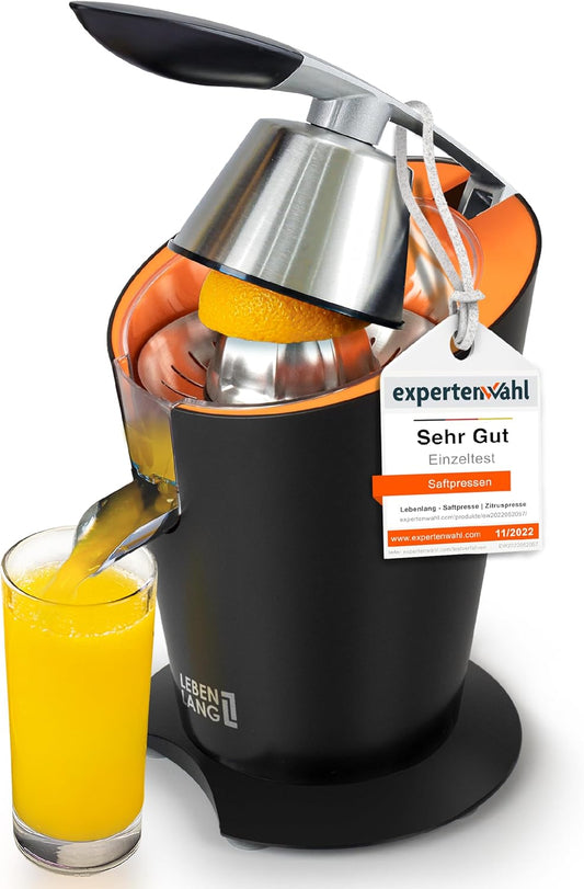 LEBENLANG Elektrische Orangenpresse 600 W - Schwarz, 20 x 20 x 31 cm, Edelstahl, inkl. Hebelarm