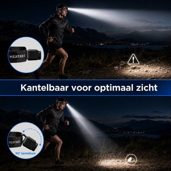 Vertrex LED-Stirnlampe, wiederaufladbar – einstellbarer Lichtstrahl – USB-C – IPX5 – Schwarz