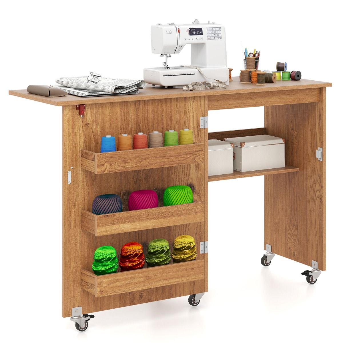 Coast Klappbarer Nähtisch – Mobile Bastelstation mit Ablagegestell – Drei versteckte Aufbewahrungsboxen – Naturfarben – 118,5 x 40 x 79,5 cm