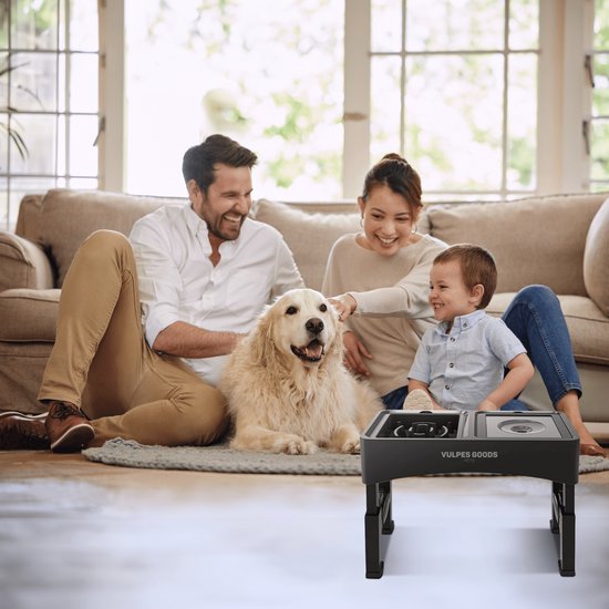 Vulpes Goods Pets - Futter- und Trinknapf Hund mit Ständer - Slow Feeder - Anti Spill and Chew - 4 Höhen - Schwarz
