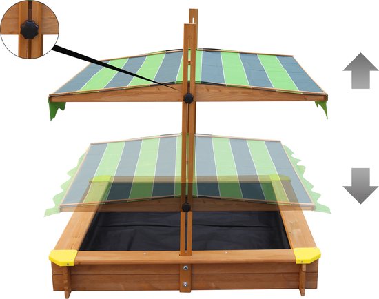 AXI Lily Holzsandkasten mit verstellbarem Dach in Braun/Grün – Mit Sitzbänken, Bodenplane und Schutzhülle – FSC-zertifiziertes Holz – 118 x 118 cm