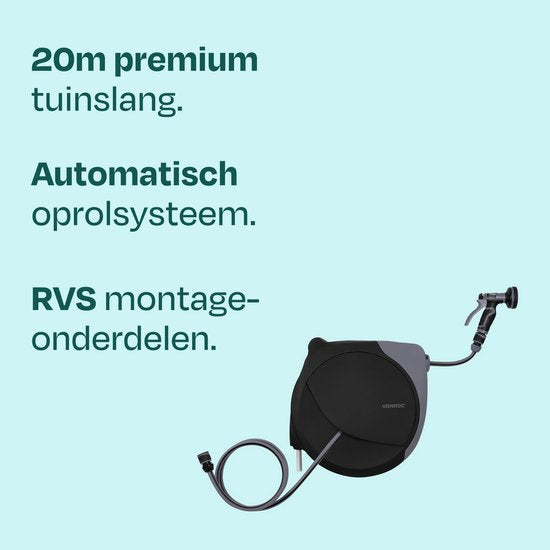 VONROC Automatische Schlauchtrommel – Wandschlauchbox – inkl. 20 m Premium-Gartenschlauch, Spritzpistole mit 8 Sprühstufen und Anschlüssen – schwarz/grau