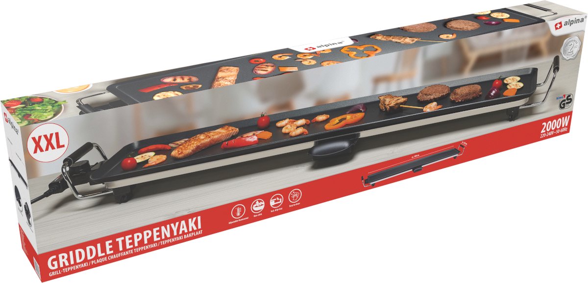 alpina Teppanyaki Griddle XXL - Griddle - 100x20cm - 2000W - Einstellbarer Thermostat - Antihaftbeschichtung - Schwarz