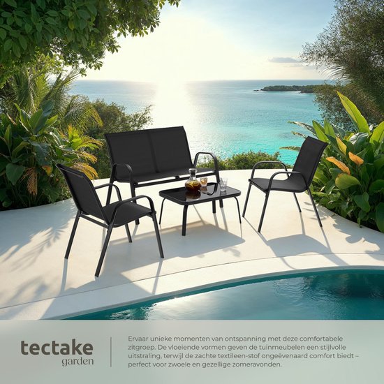 tectake® Garten-Set Nora - Moderne Sitzgruppe für 4 Personen - Lounge-Set mit Gartensofa und 2 Gartenstühlen aus atmungsaktivem, wasserabweisendem Textilgewebe - Balkonset mit Beistelltisch - Schwarz