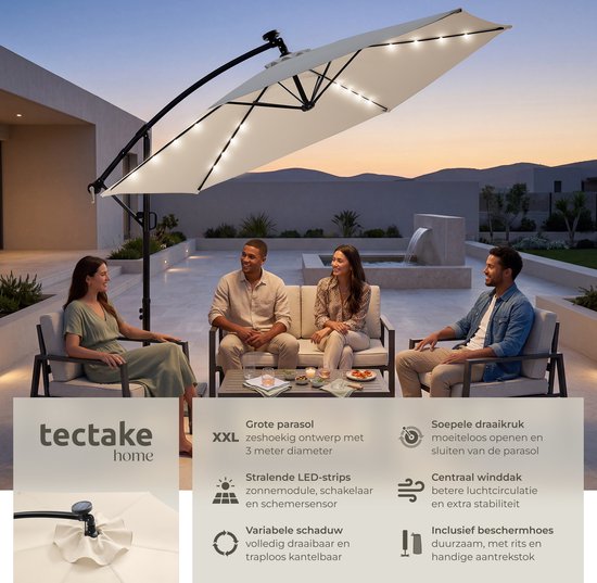 tectake® Schwebeschirm mit Sockel – 3 x 3 m – Gartenschirm mit solarbetriebener LED-Beleuchtung – drehbar – wasserabweisendes Polyester mit UV-Schutz – inklusive Schutzhülle – Beige