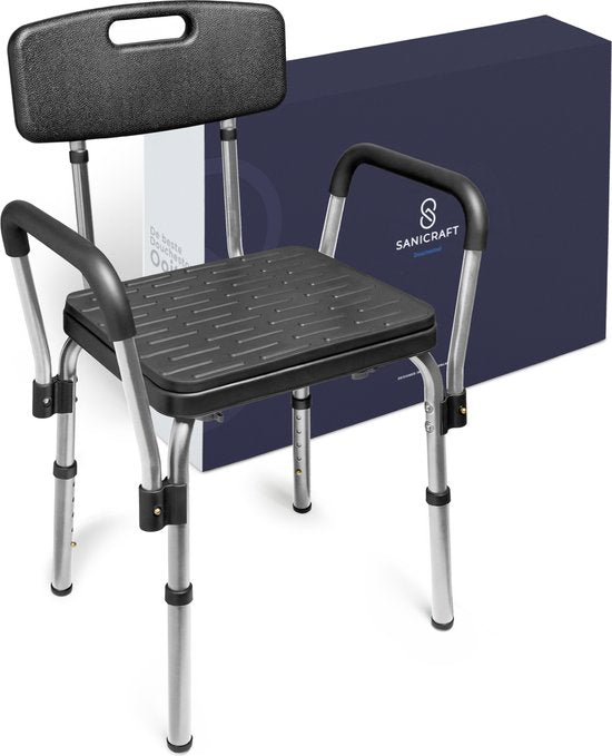 Sanicraft® Duschstuhl - Duschhocker mit Armlehne & Duschkopfhalterung - Stuhl & Hocker in 1 - Höhenverstellbar - Rutschfeste Beine - Silber