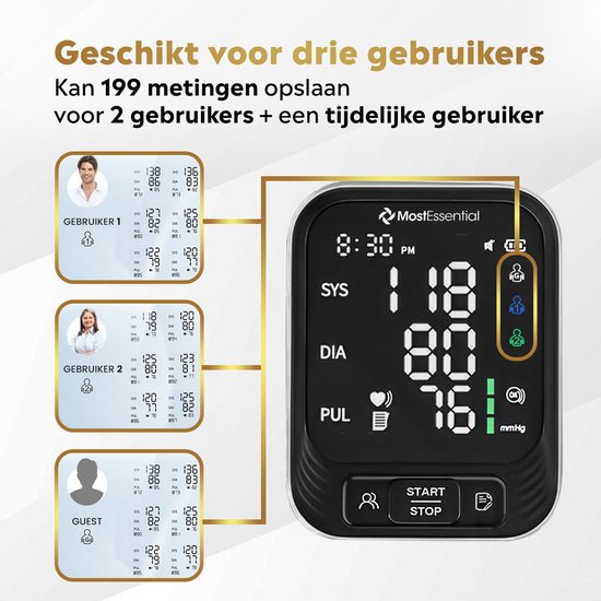 MostEssential Premium Oberarm-Blutdruckmessgerät - Herzfrequenzmesser - 398 Messwerte Speicher - USB-C-Kabel enthalten - 30S