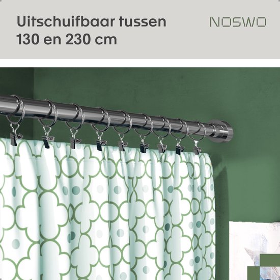 Noswo Vorhangstange Ohne Bohren - 130-230 cm - Inklusive 15 Ringe - Ausziehbar - Duschstange - Duschvorhangstange - Klemmstange - Selbstspannend - Silber