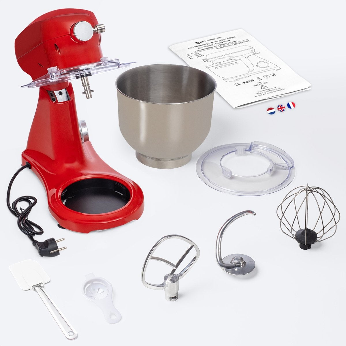 KitchenBrothers Küchenmaschine - Küchenroboter - 6L Rührschüssel - 1800W - Aluminium - Rot