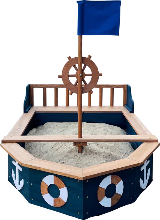 AXI Doris Boot Sandkasten mit Aufbewahrungsbank Anthrazit/Braun – Flagge und Holzsteuerrad – Inklusive Abdeckplane und Bodenplane – 10 Jahre Garantie!