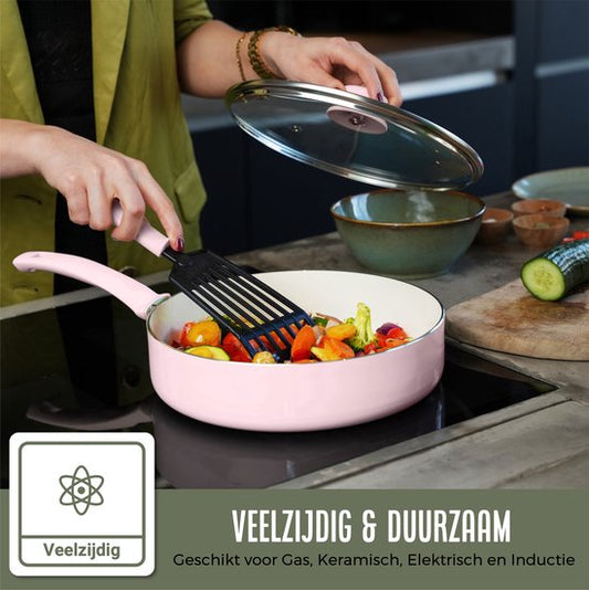 COOCK 19-teiliges Pfannenset - Spezielle Antihaftbeschichtung - Ergonomische Griffe - Recyceltes Aluminium - Bratpfannenset - Kochtopfset - Hellrosa - Inklusive Untersetzer und E-Book