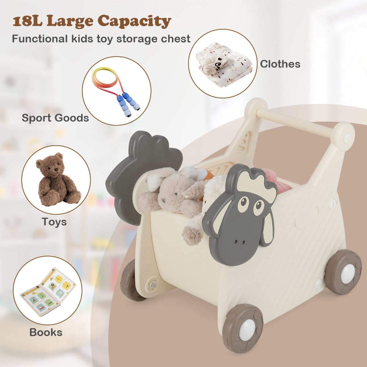 Coast Schaap Laufwagen für Kinder – 2-in-1-Aufbewahrungswagen und Lauflernhilfe – 18 Liter – Beige und Grau