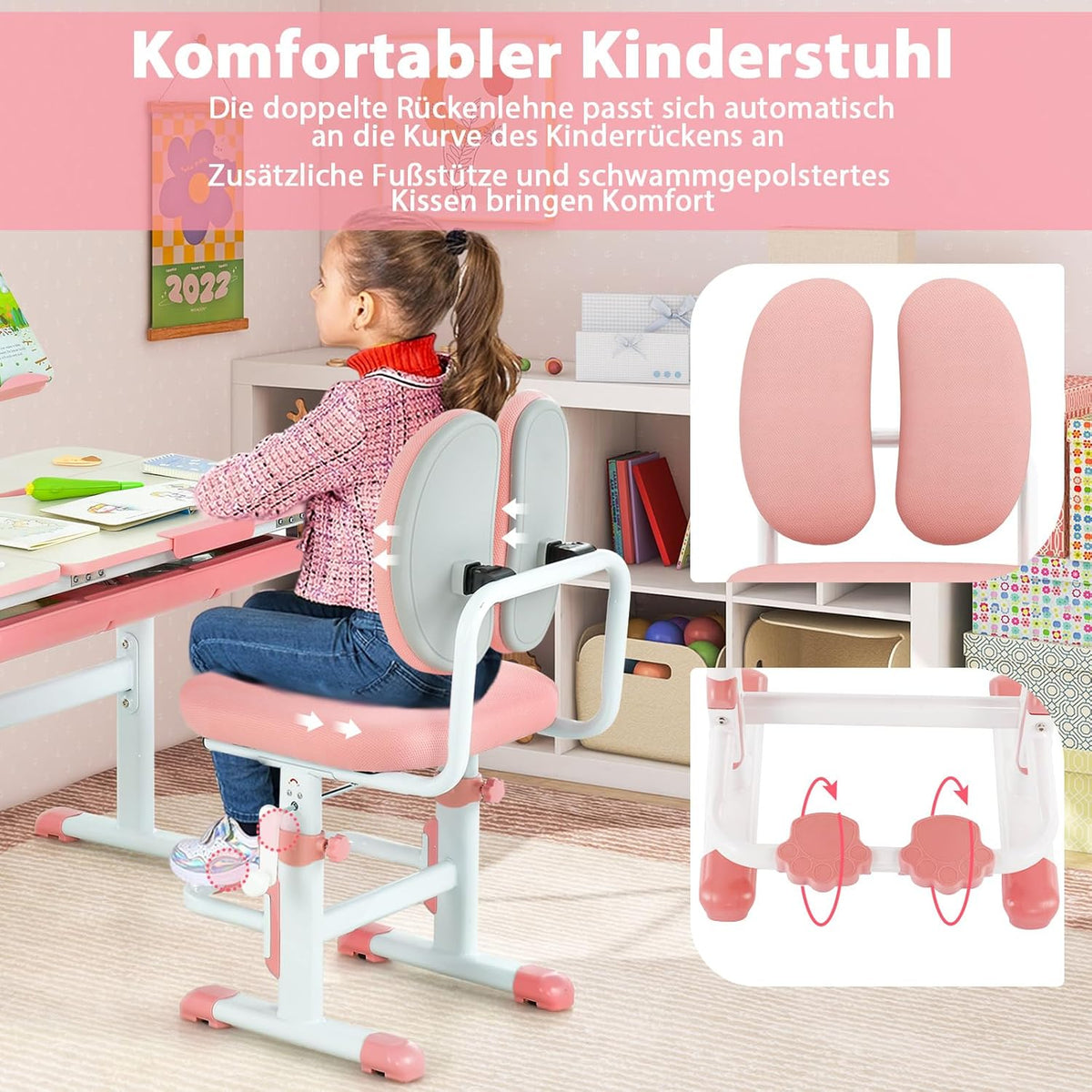 Coast Kinderschreibtisch mit Stuhl - Höhenverstellbar - Max. 110 kg - 80 x 52 x 73 cm - Rosa
