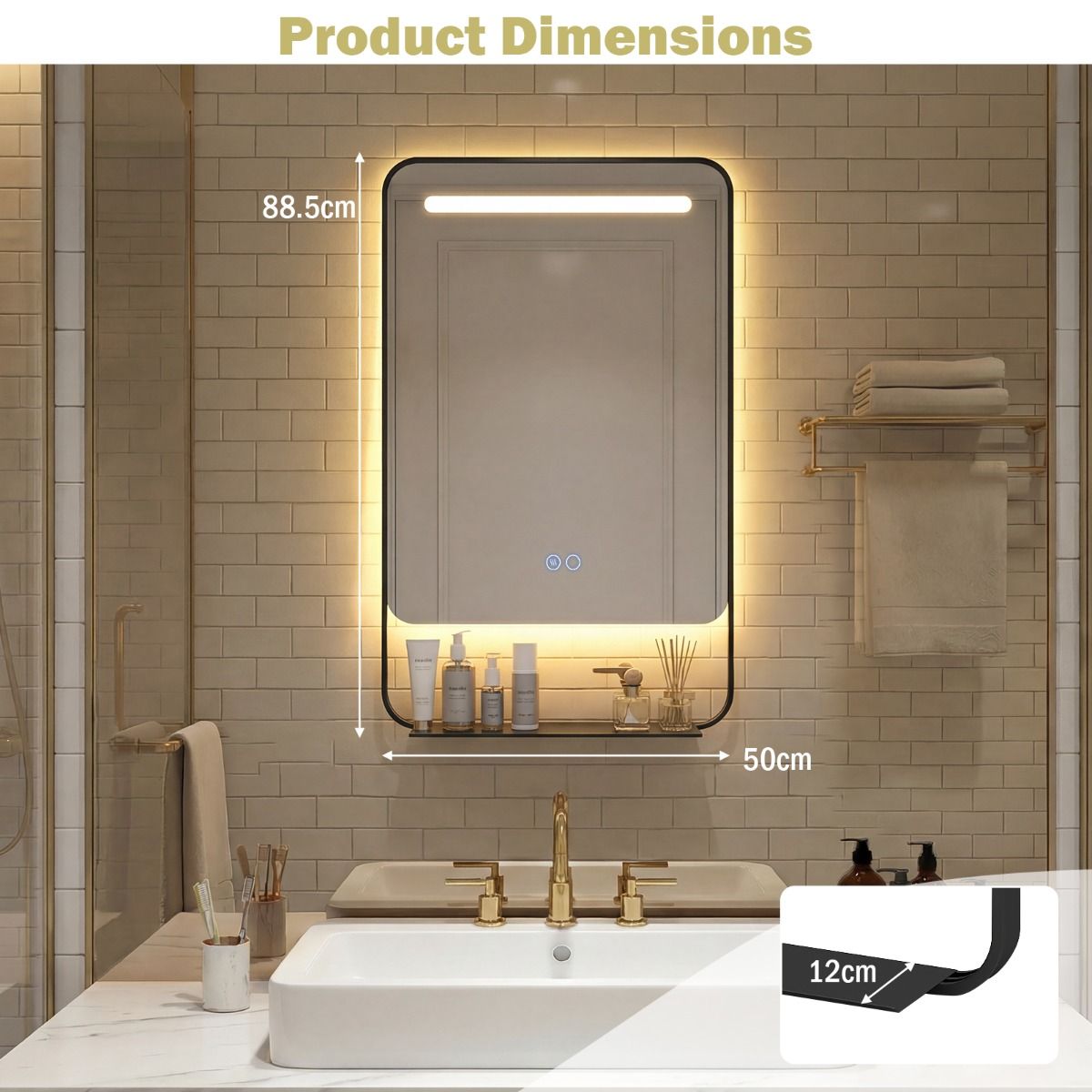 Coast LED-Badezimmerspiegel mit Ablage – Antibeschlagfunktion – einstellbare Farbtemperatur – schwarz – 88,5 x 50 cm