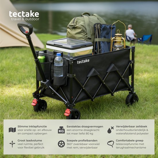 tectake® Handkarren – Zusammenklappbar – 80 kg Tragkraft – Schwenkbare Vollgummiräder mit Bremse – 45 x 88 x 95 cm - Handkarren – Transportwagen – Mit verstellbarer Schubstange – Handkarren – Wasserabweisender Transportwagen – Mit Ablagebrett und Innenfac