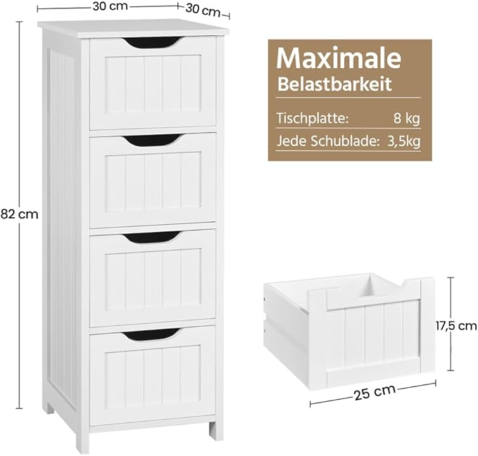 Yaheetech Badezimmerschrank 30 x 30 x 82 cm – Weiß – Standschrank mit 4 Schubladen