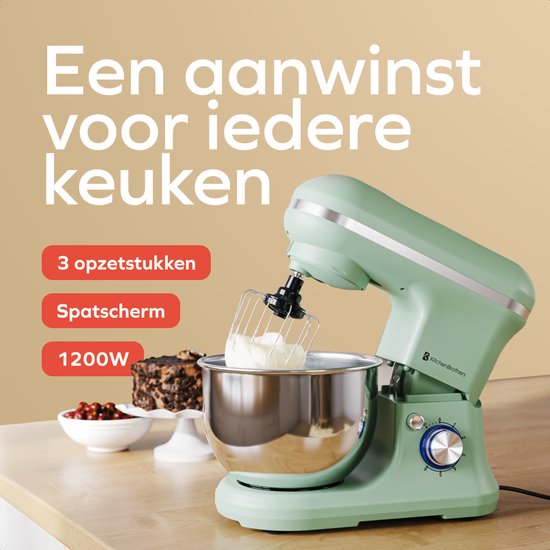 KitchenBrothers Küchenmaschine - 1200W - Küchenroboter - 5L - Brotmixer - Mixer mit Rührschüssel - Küchenmixer - Pastellgrün