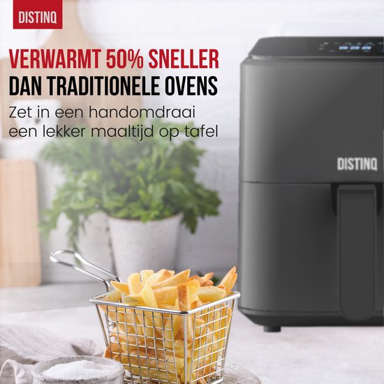 DistinQ Heißluftfritteuse kompakt- Airfryer - 4 Liter Fassungsvermögen - Digitalanzeige - Schwarz