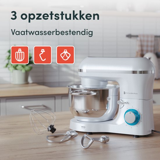KitchenBrothers Küchenmaschine - Küchenroboter - 6.2L - Mixer mit Rührschüssel - Küchenmixer - 2000W - Perlweiß