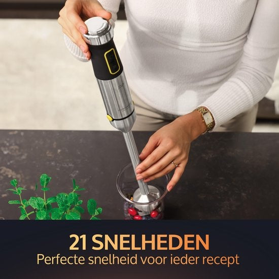 JAP Appliances - ForceBlend F1 Stabmixer - 1200 W & 800 ml - Ausgestattet mit 21 Geschwindigkeiten und Titanium Messern - Für Smoothies und Babynahrung - Silberner Edelstahl