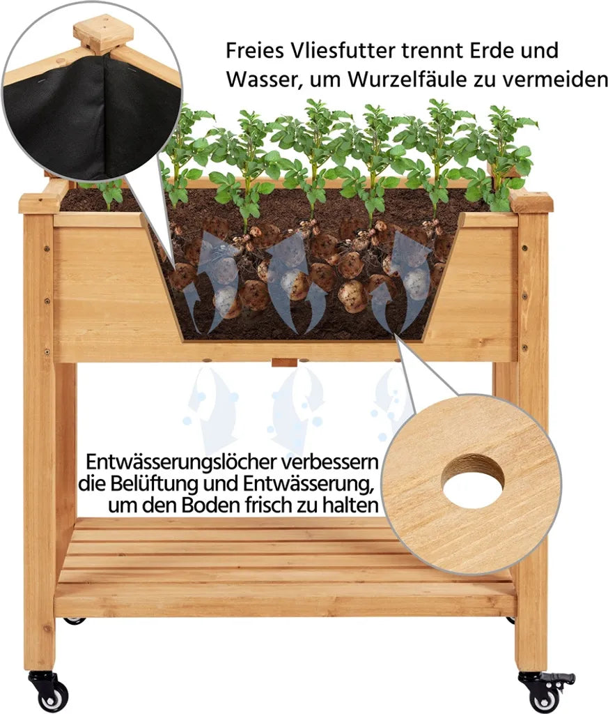 Yaheetech Erhöhter Pflanzkübel auf Rädern 87 x 47 x 83,5 cm – Hellbraun – Pflanzkübel aus Holz mit Ablagebrett